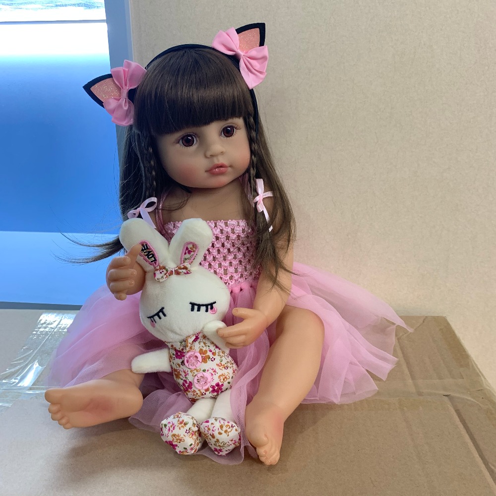 55CM 리얼 사이즈 비비 인형, 리본 유아 소녀 핑크 공주 목욕 장난감, 매우 부드러운 전신 실리콘 소녀 서프라이즈
